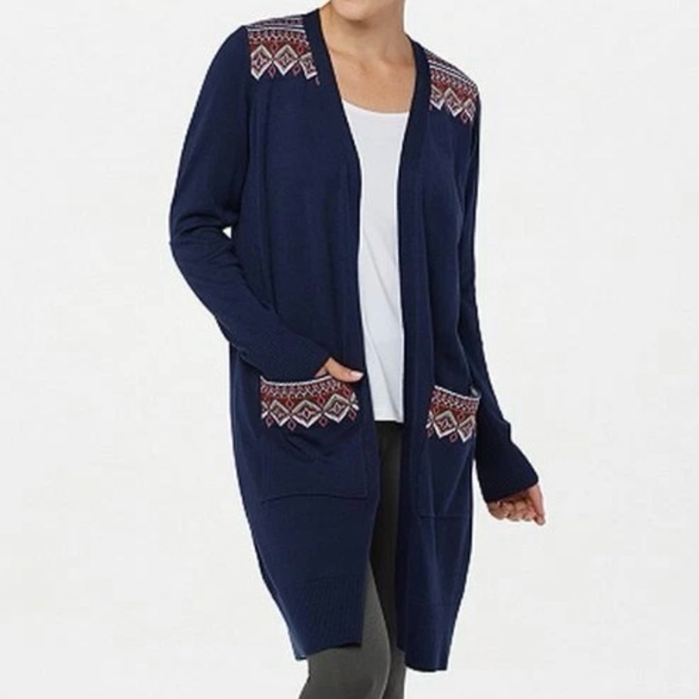 Denim & Co Navy Fair Isle Jacquard Detailing Cottagecore Cozy Cardigan Sweater